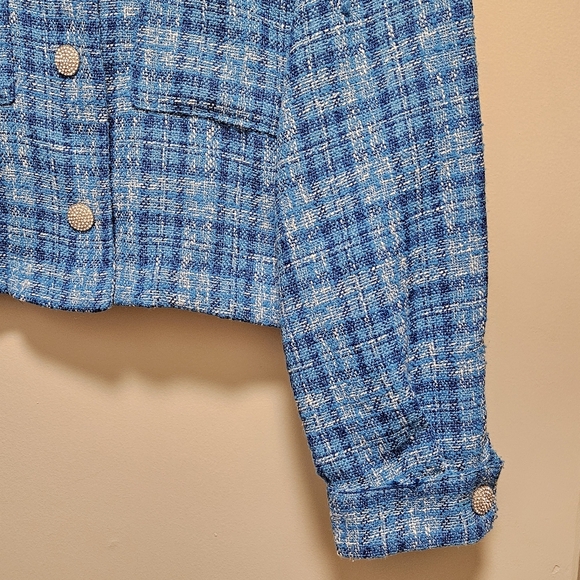 Zara Women's Plaid Tweed Cropped Long Sleeve Button Down Blazer Top Blue Size L. - Picture 11 of 16